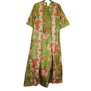 Vintage 60s Loll Ease M Green Floral Tunic Dress Palm Springs Retro Long Length